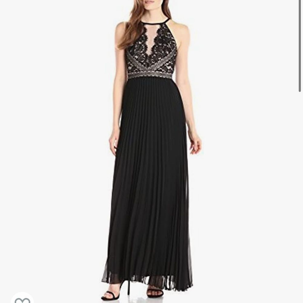 Xscape Womens Long Pleat Chiffon W/Lace/Illusion Top